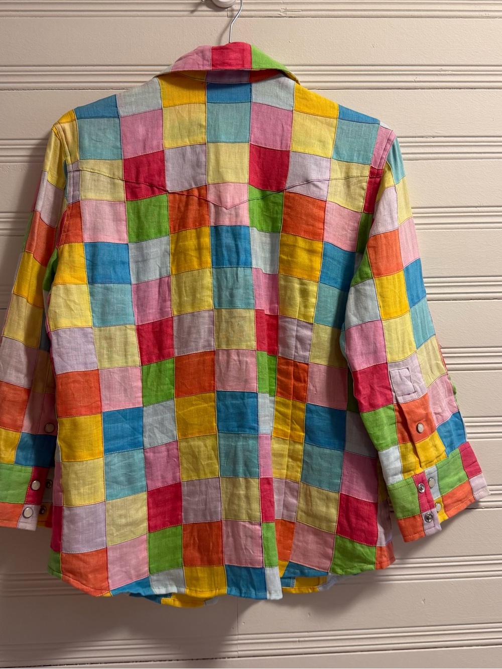 Vintage Gillian Gordon Rainbow Patchwork Linen Snap Shirt XS - Picture 2 of 7